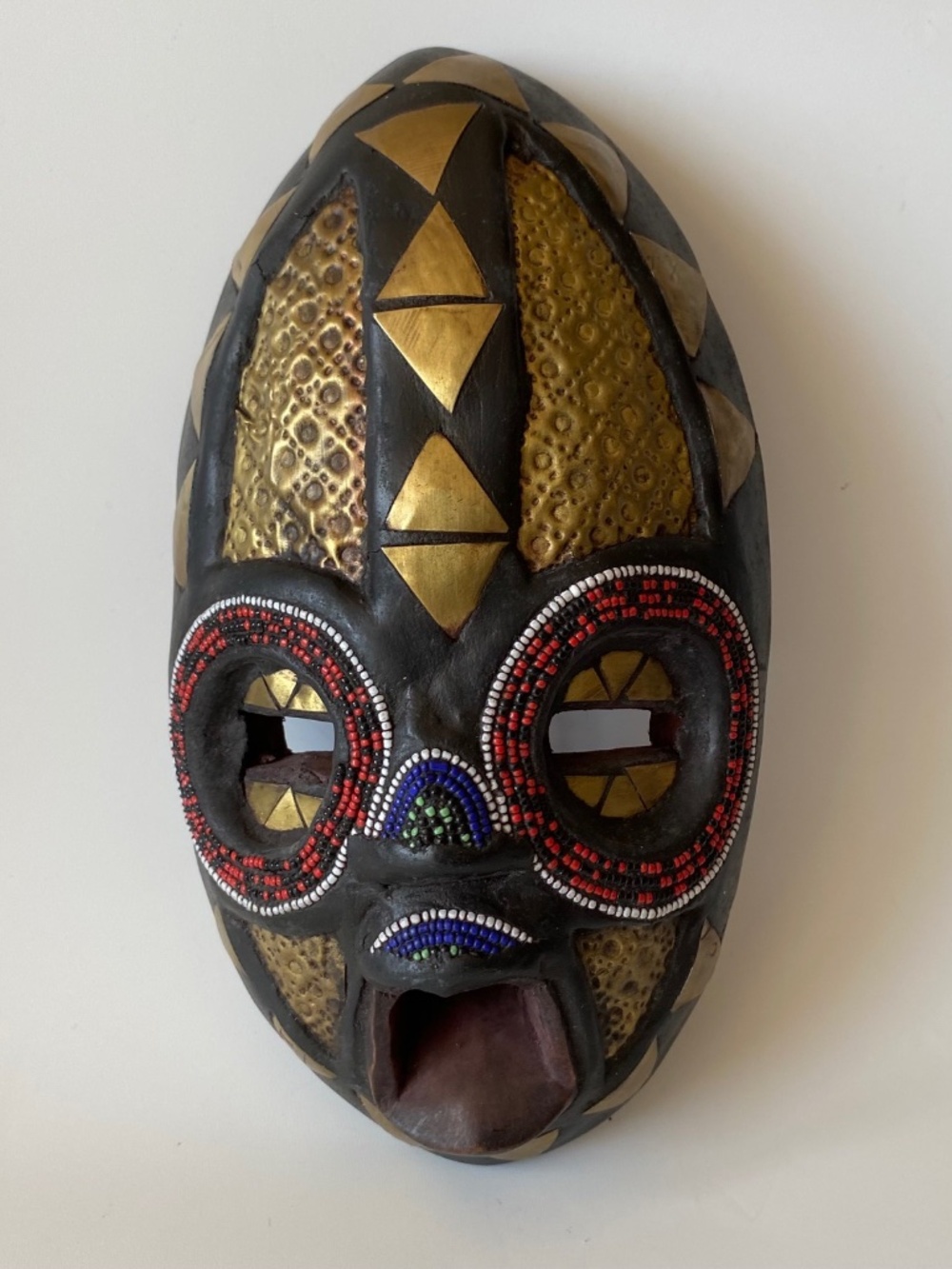 Vintage African BALUBA Tribal Mask: Hand Crafted, Beaded, with Brass Accents